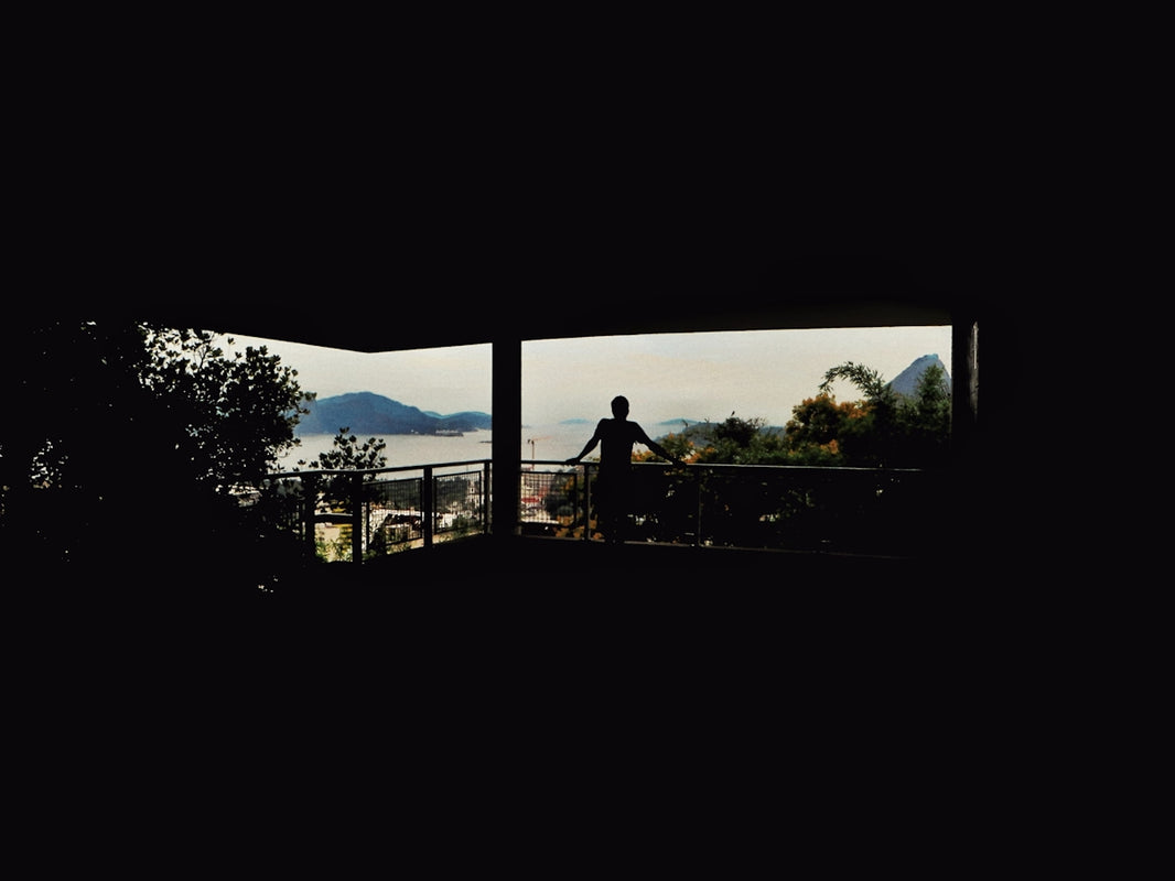 Man enjoys a scenic view from the dark indoors.