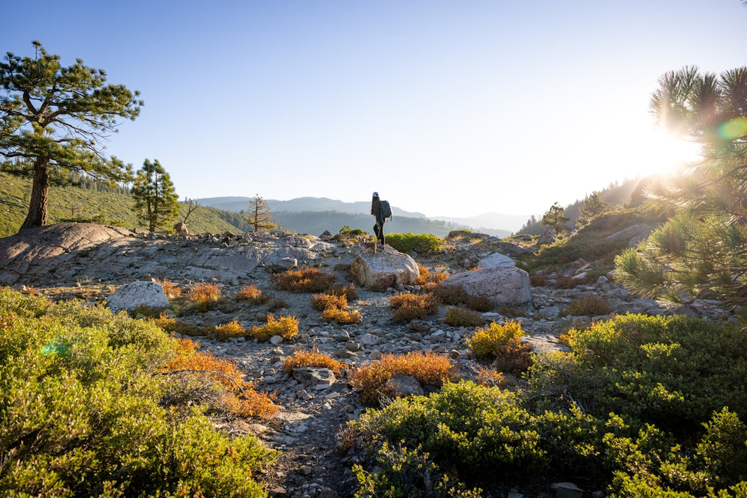 Hiker stands on a scenic mountain path at sunrise.