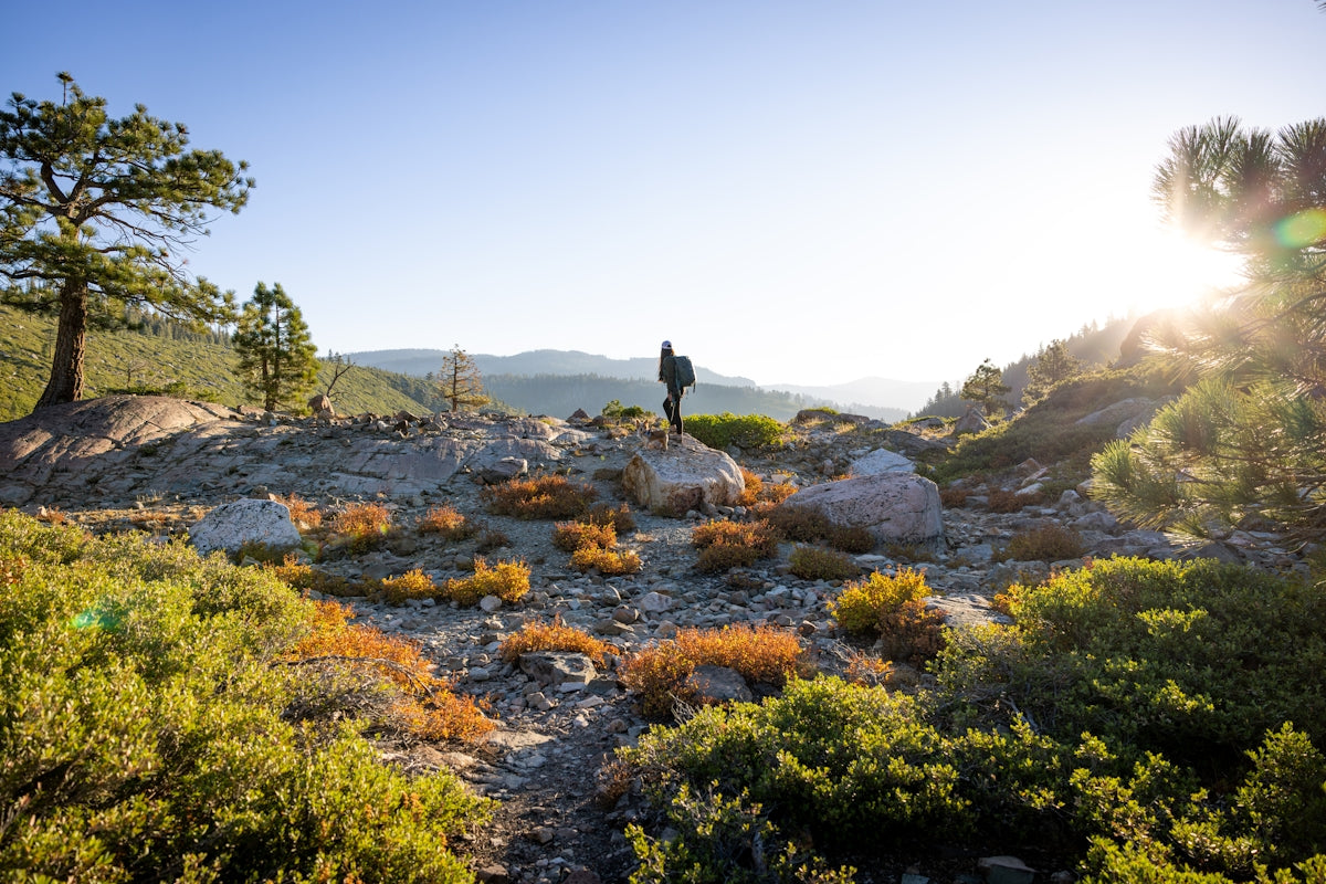 Hiker stands on a scenic mountain path at sunrise.