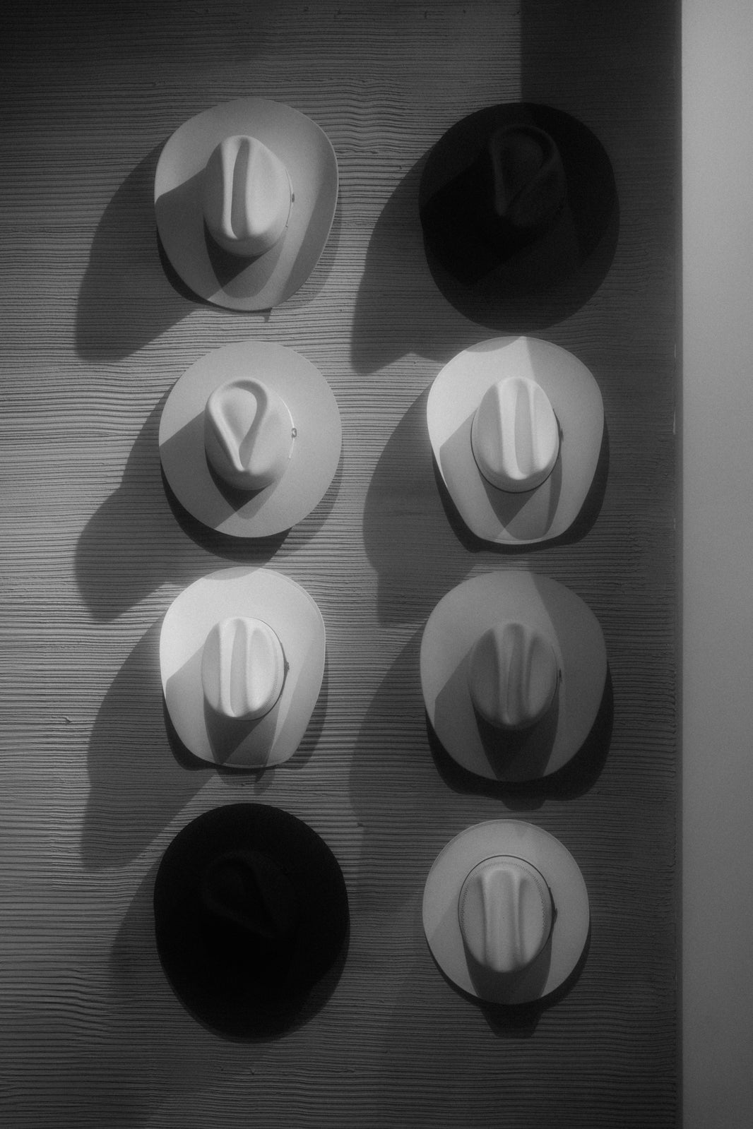 Cowboy hats hanging neatly on a wall.