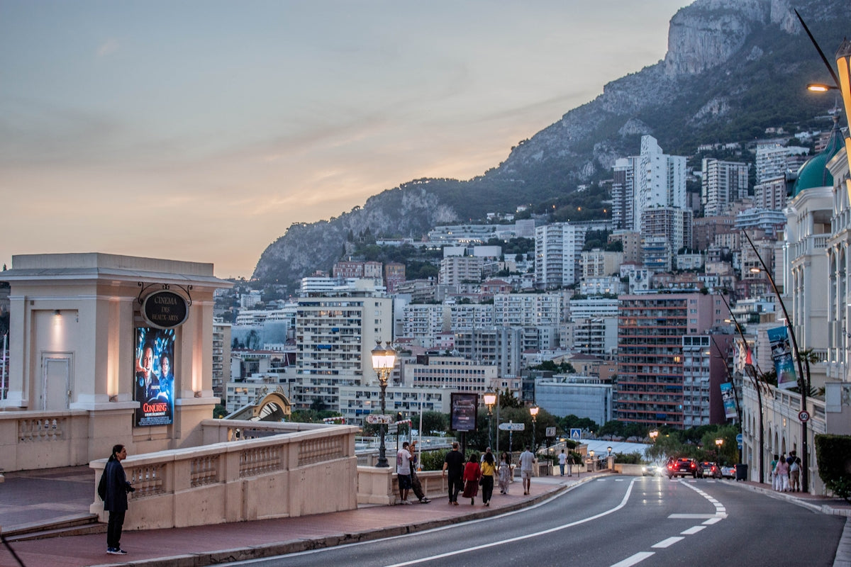 Cityscape with buildings on a hill and a road.