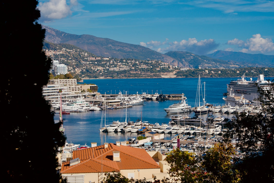 Yachts docked in a sunny harbor with coastal city background.