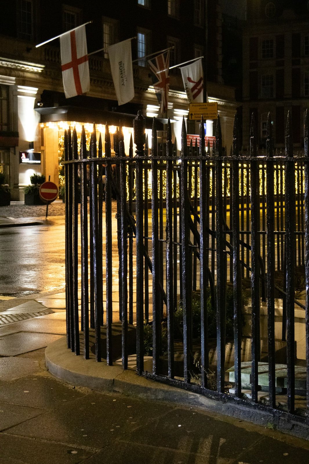 Ornate fence in front of illuminated building with flags