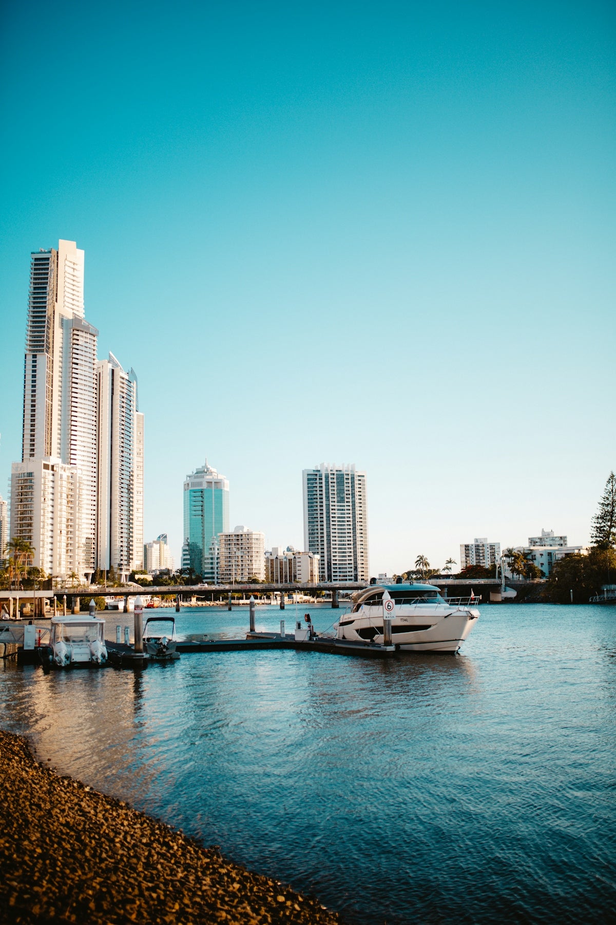 Modern yachts docked by a city skyline