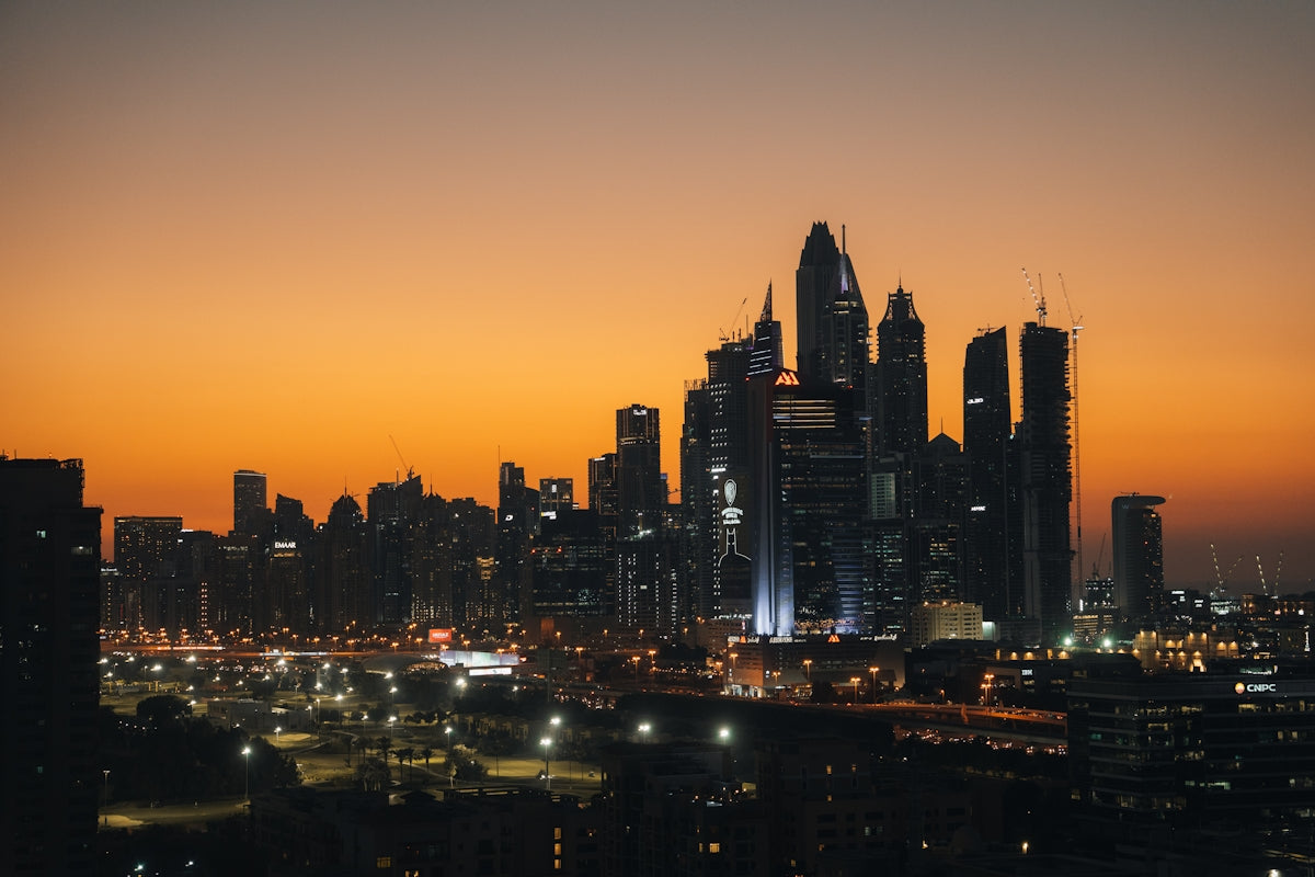 City skyline with skyscrapers at sunset