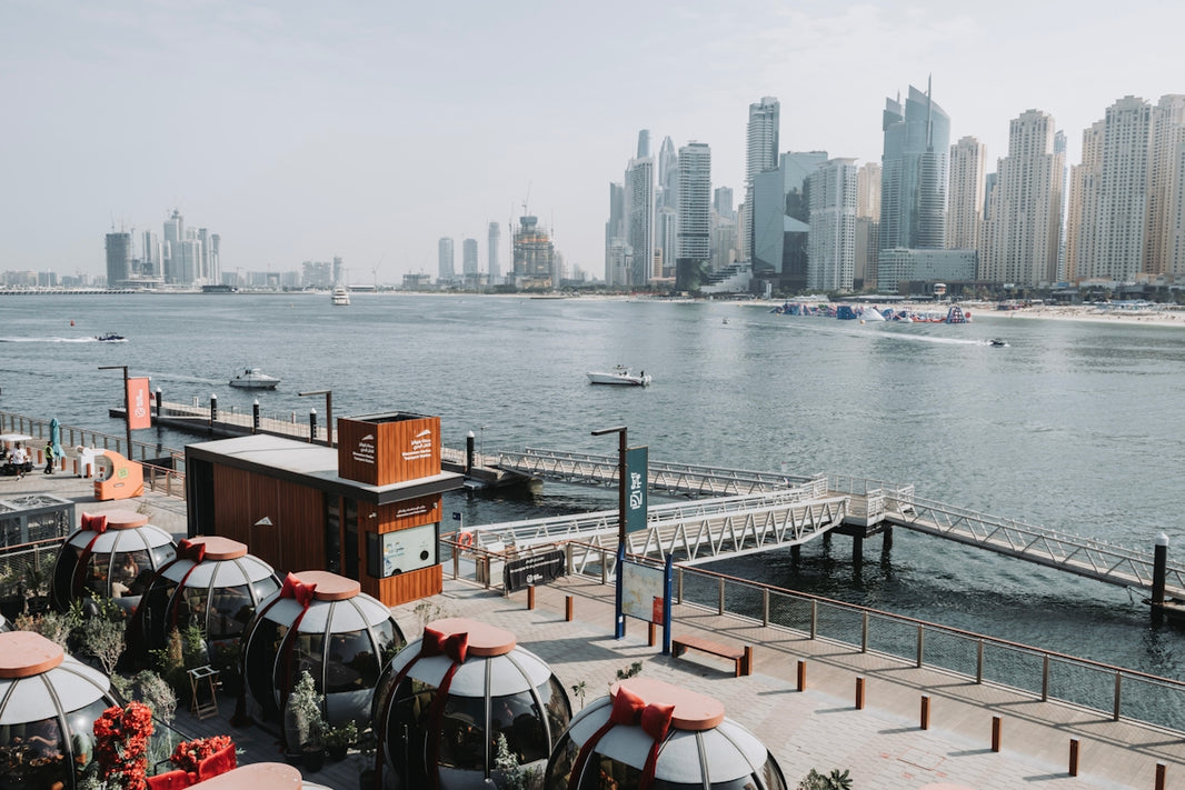 Modern city skyline across a wide blue bay.