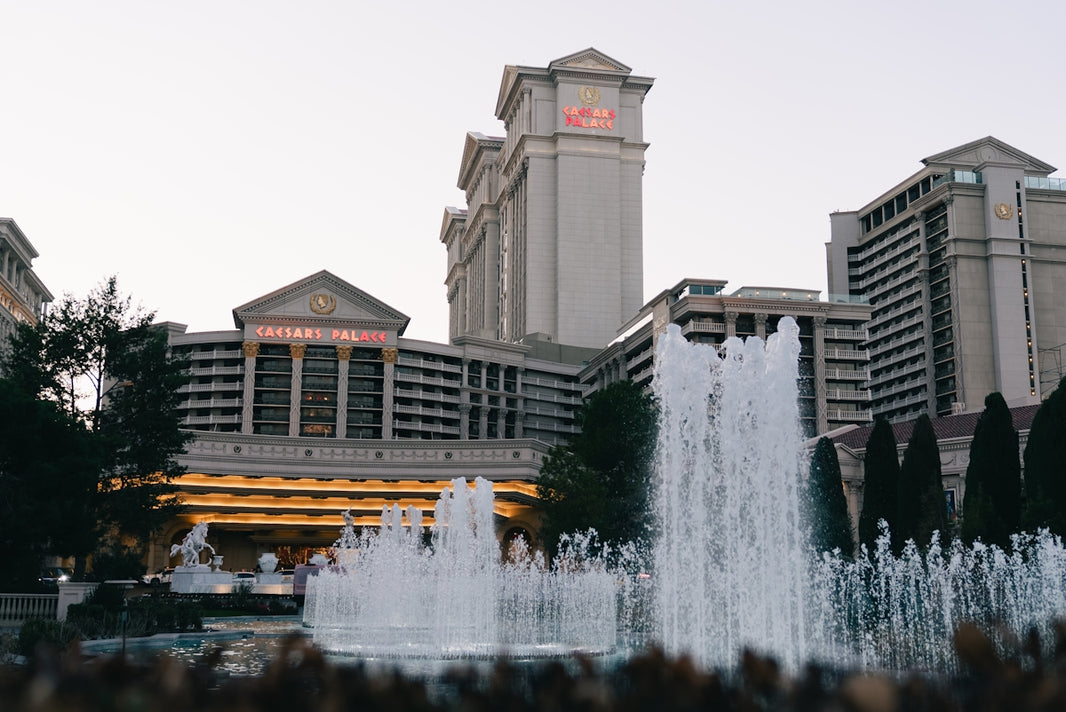 Fountains in front of a large hotel building