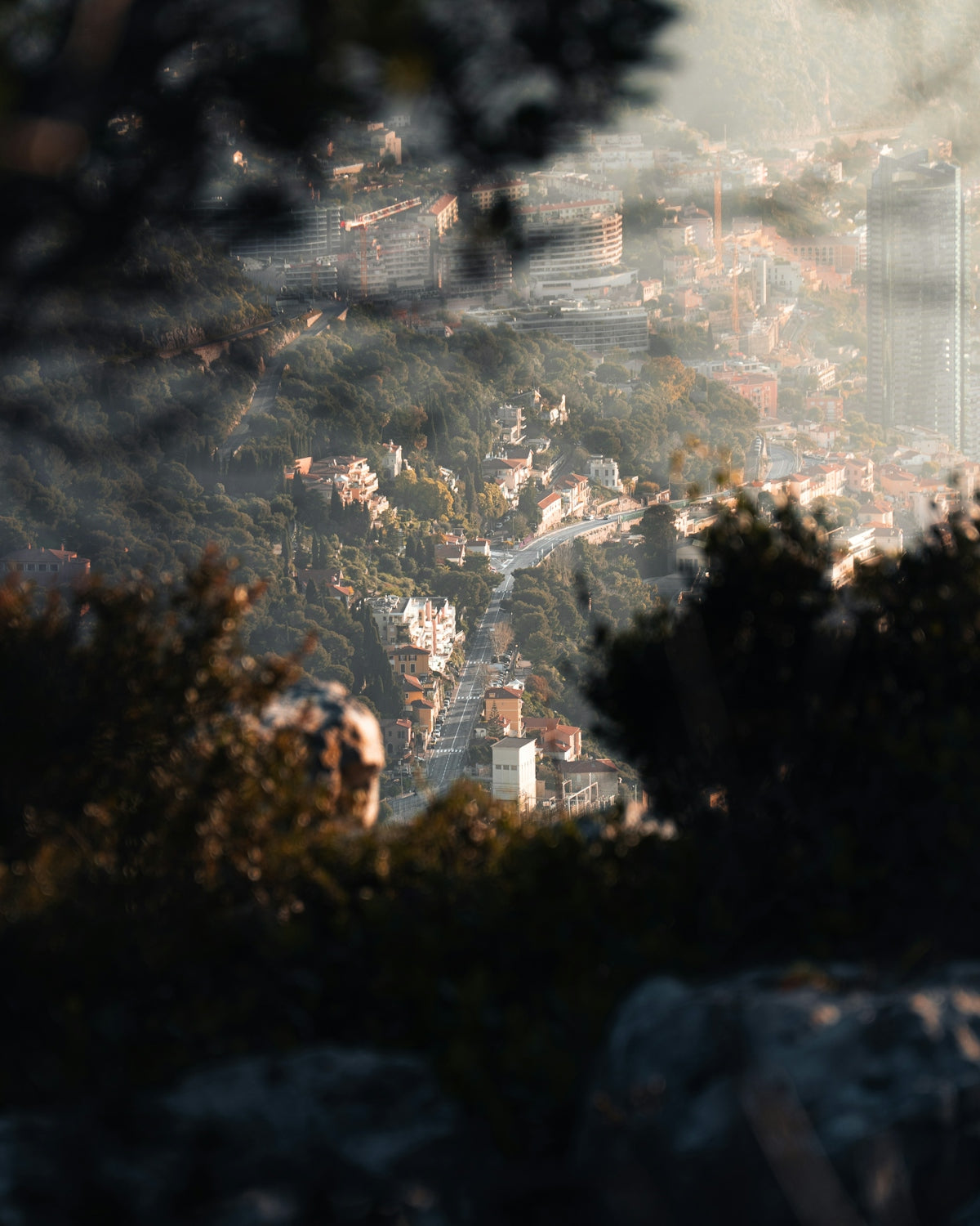 Distant view of a european town nestled in hills.