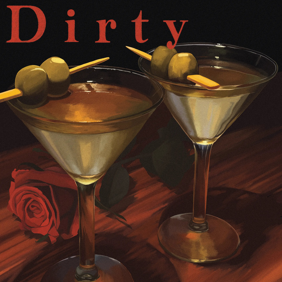 The original oil painting of two dirty martinis and a red rose that became this patch