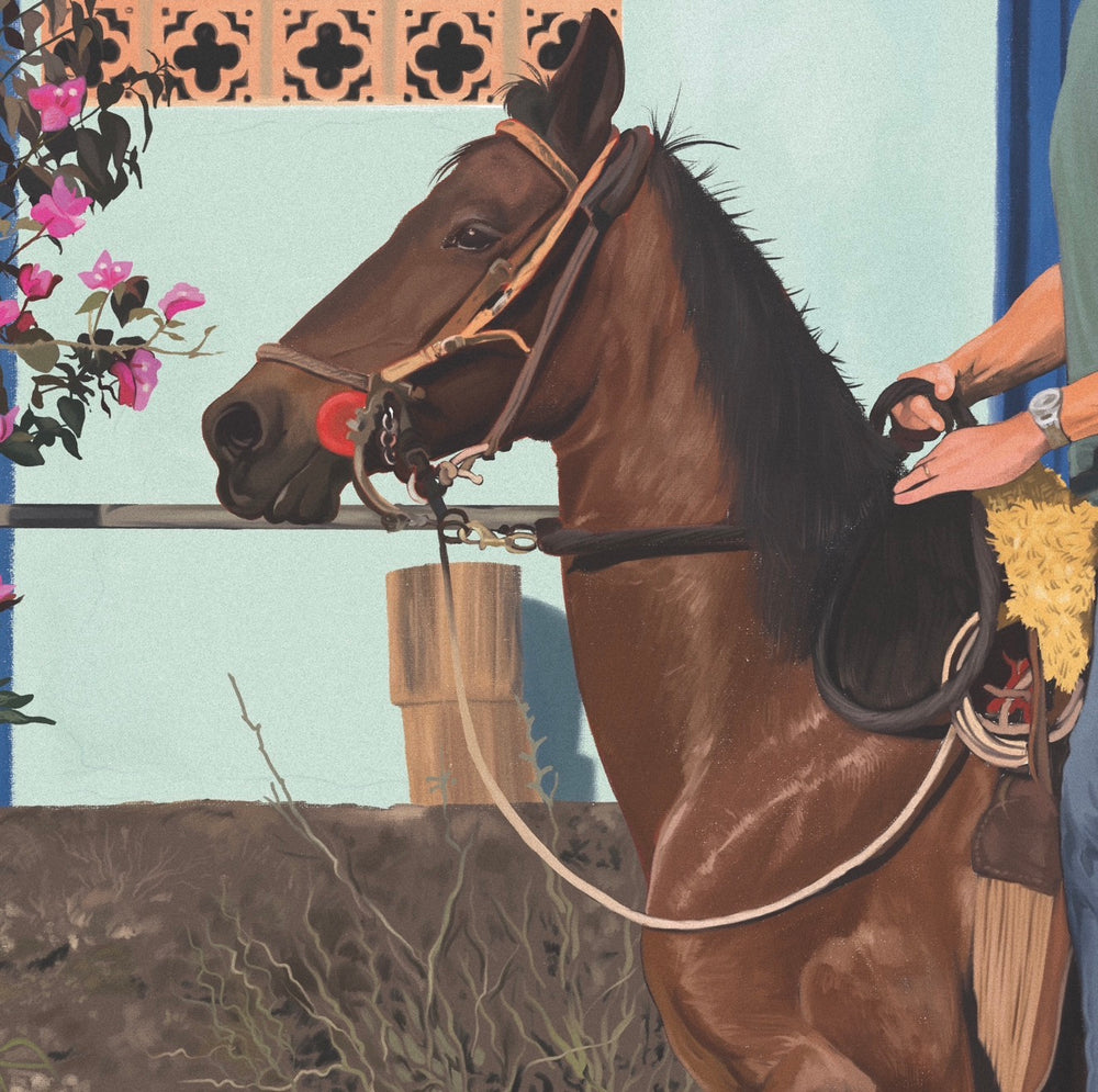 The painting behind the Paso Fino: a rider on a Paso Fino in Colombia
