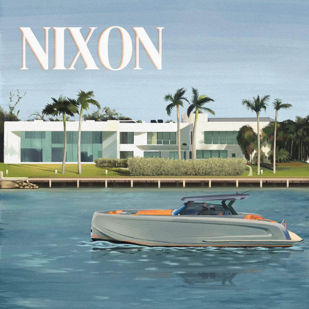 The painting behind the Nixon: a boat on the water in Miami