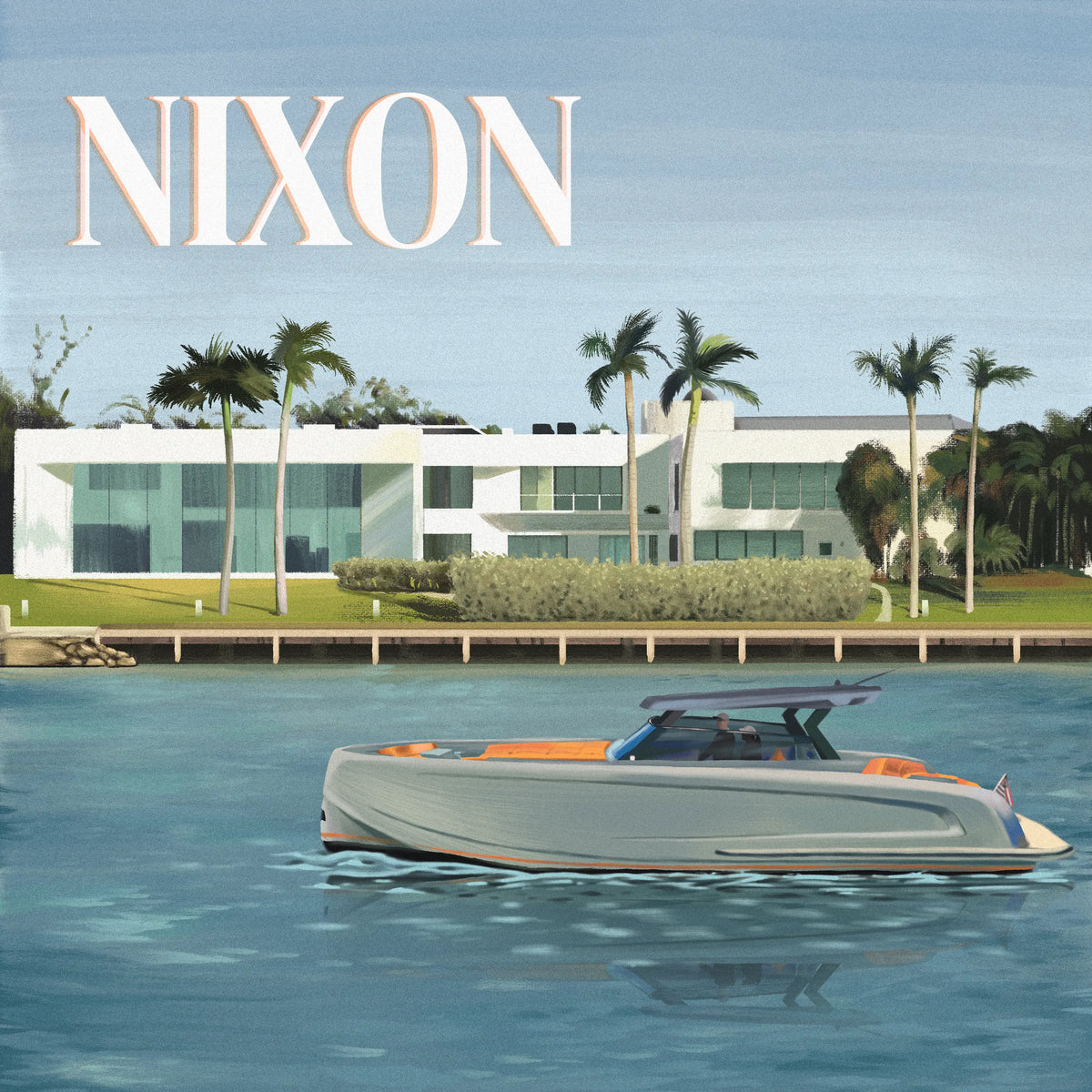 The original oil painting of a boat on the water in Miami that became this patch
