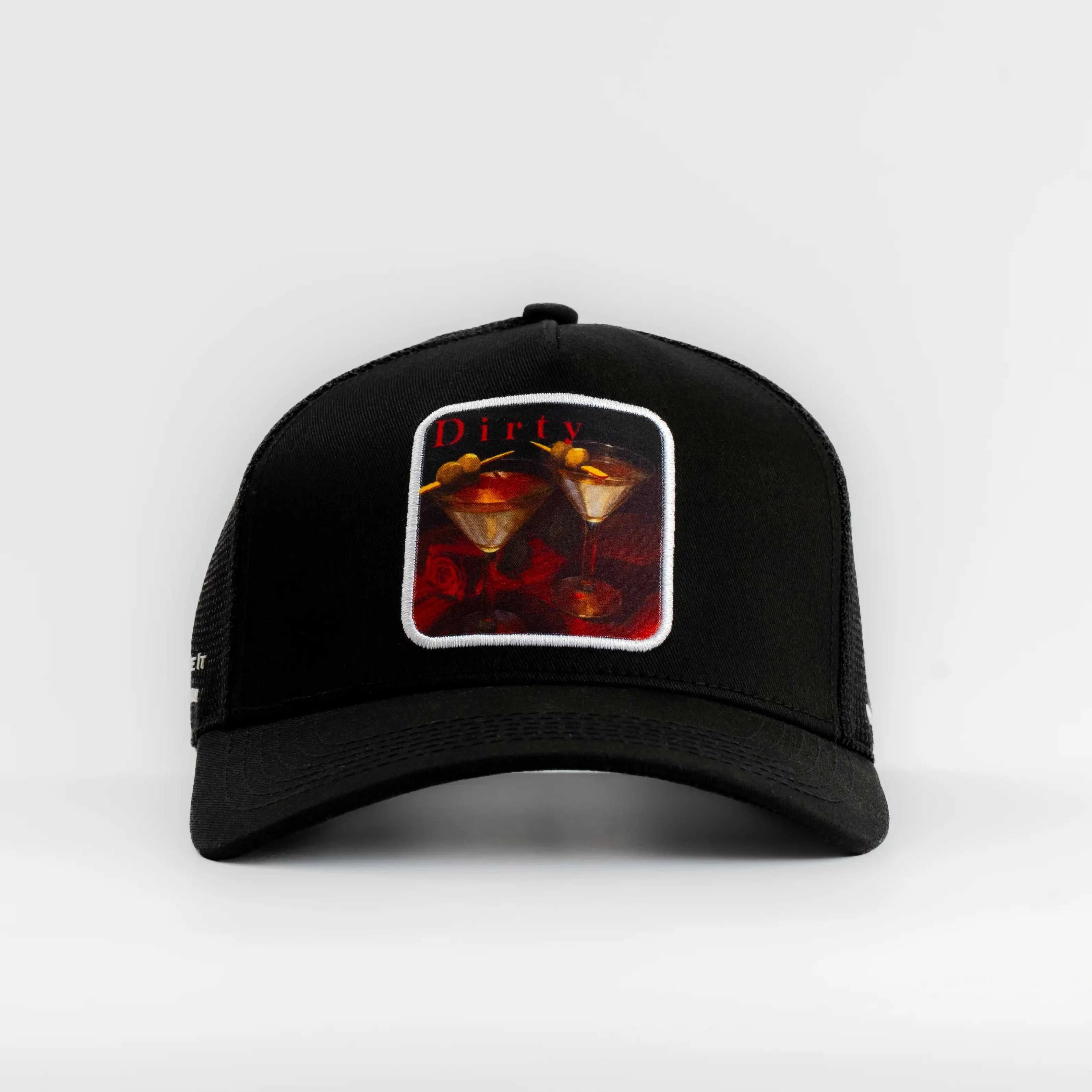 Black Dirty Martini Trucker Hat with mesh back and embroidered cocktail patch