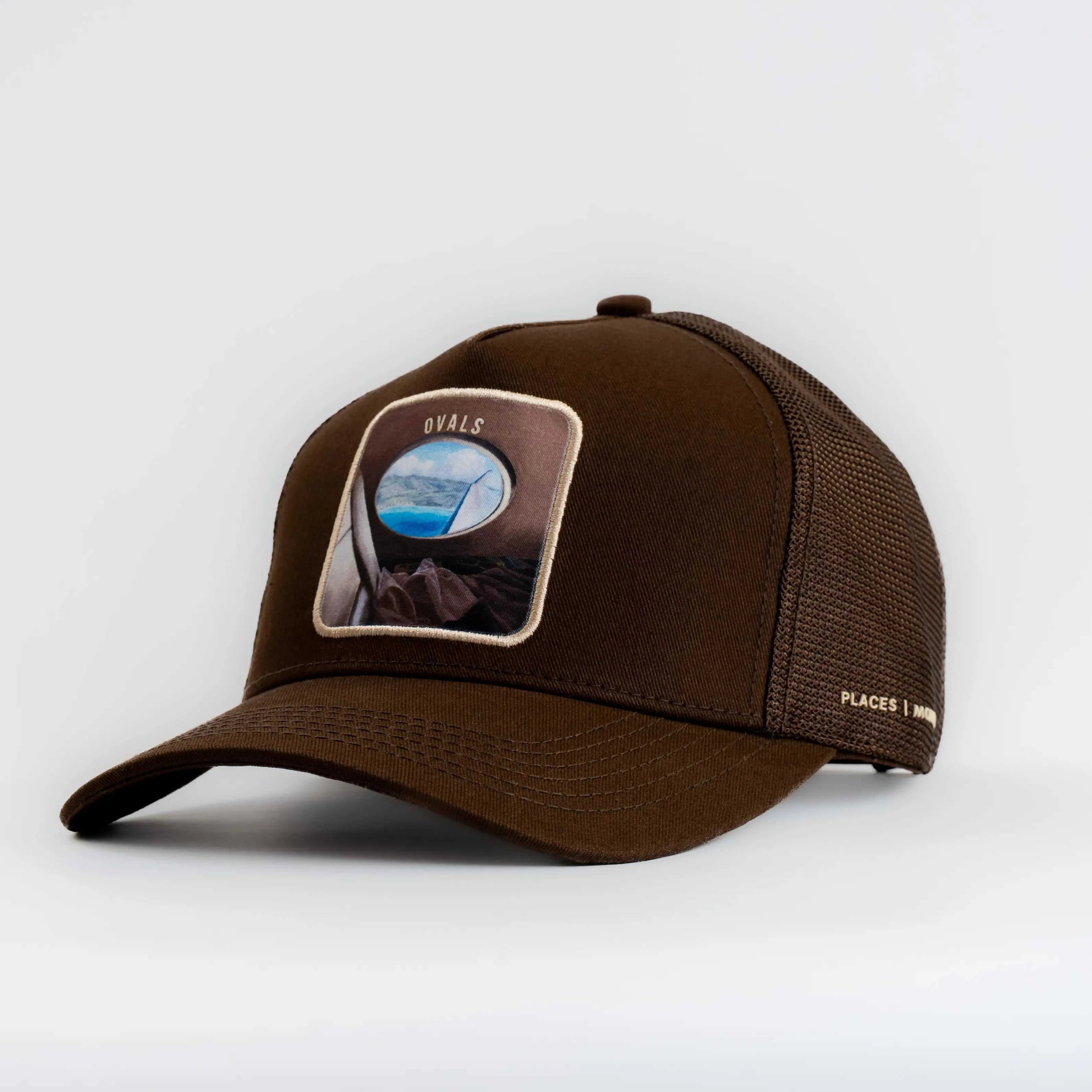 Ovals Mesh-Back Trucker Hat in brown with breathable tan mesh and embroidered vintage sport patch