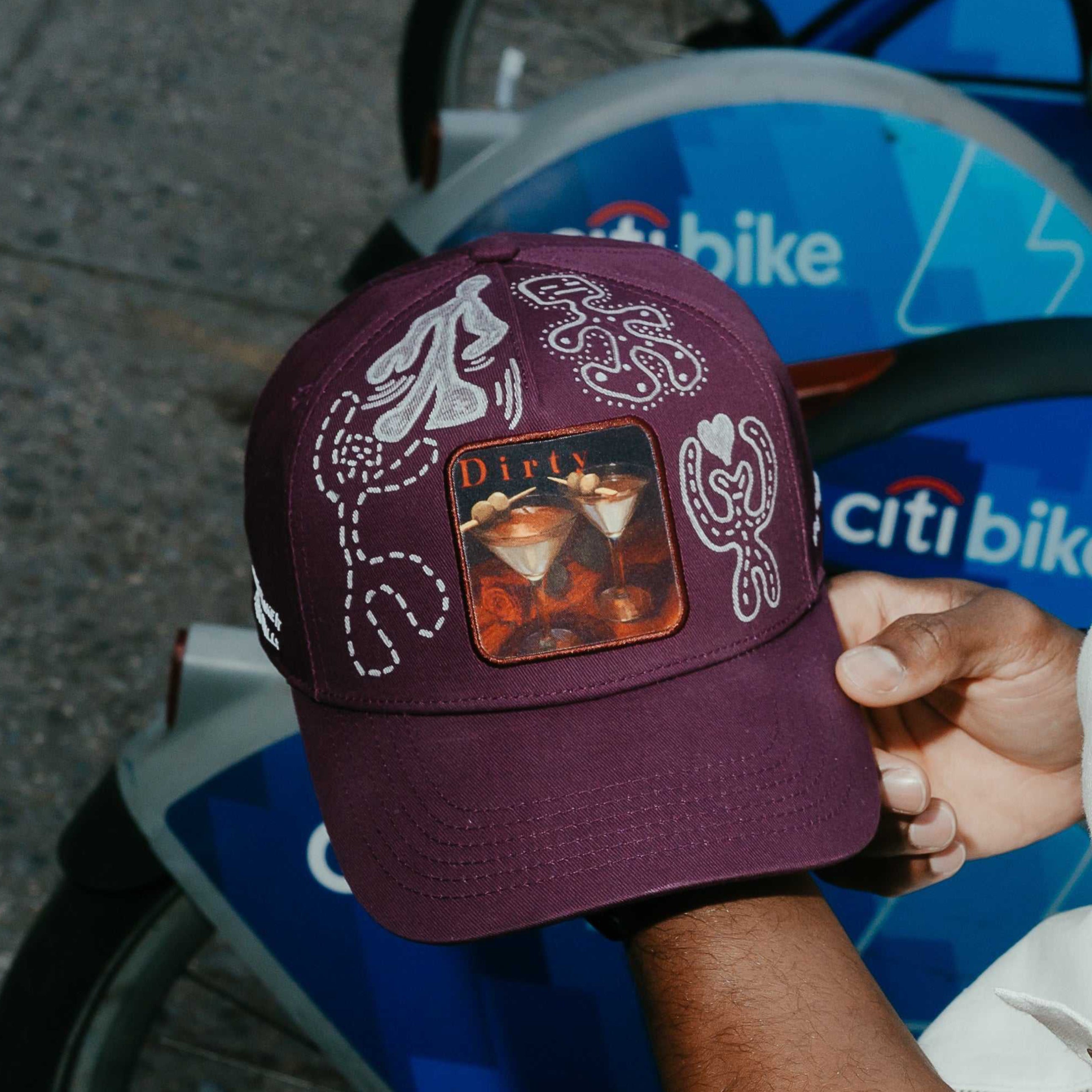 Dirty Martini x Muji limited edition baseball cap with hand-drawn artwork and curved brim
