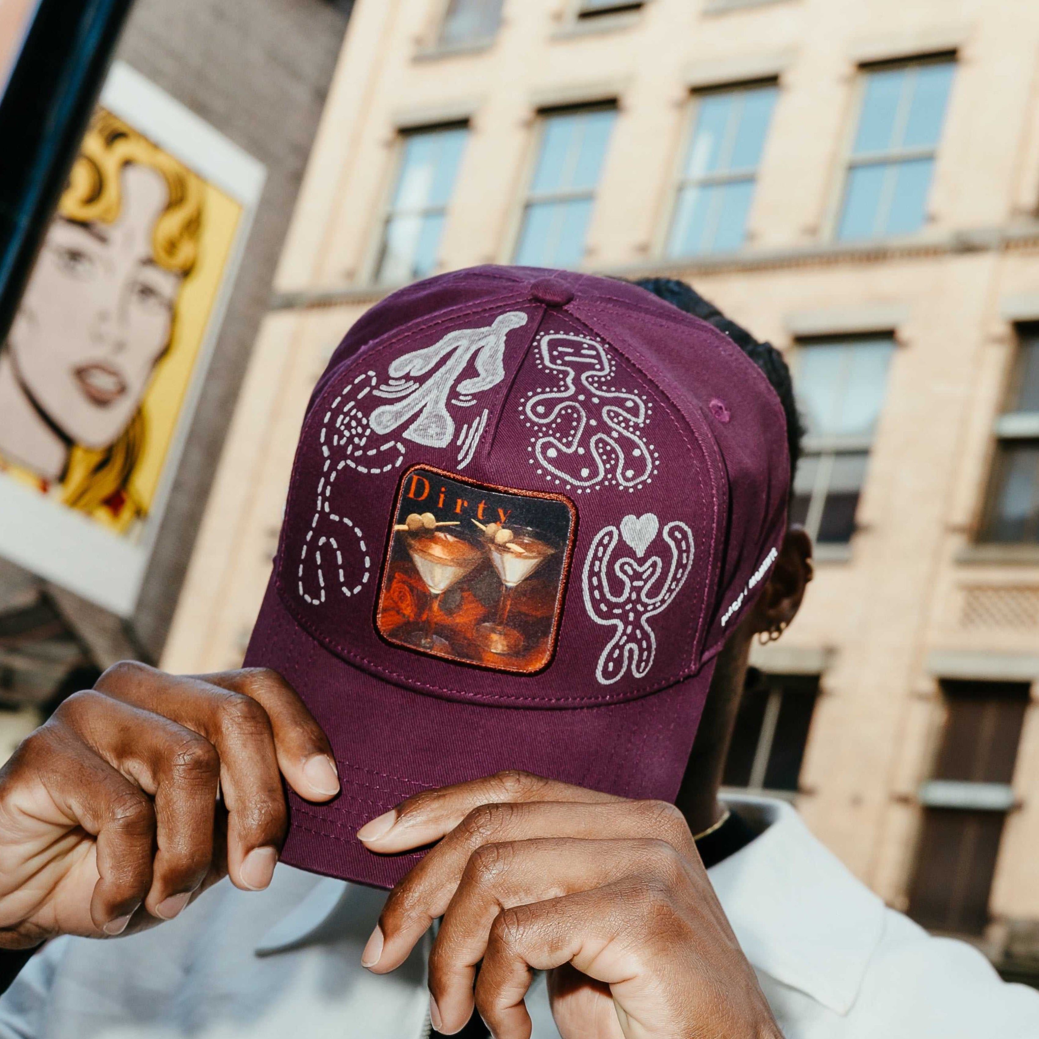 Dirty Martini x Muji limited edition baseball cap with unique hand-drawn artwork and curved brim