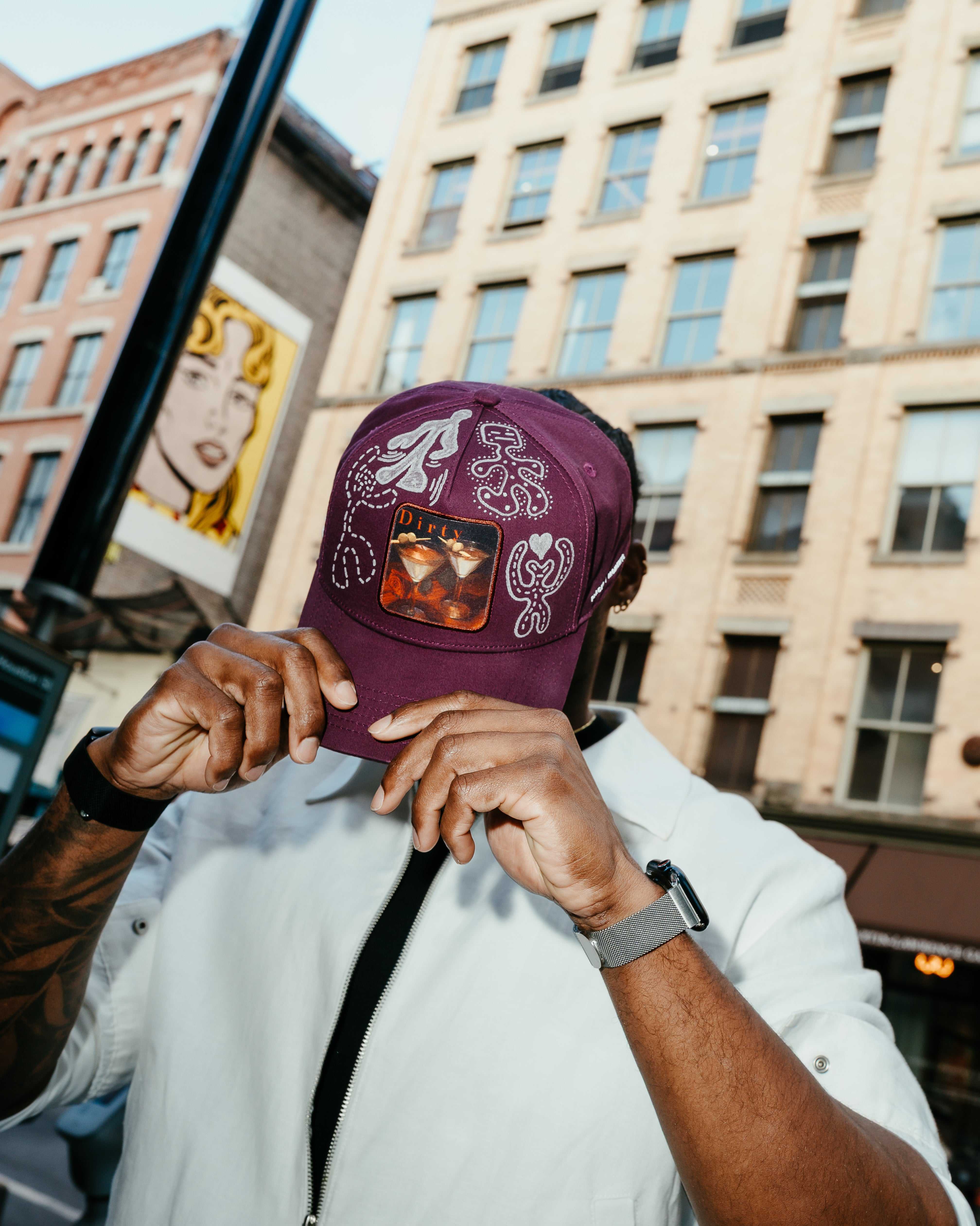 Dirty Martini x Muji limited edition baseball cap with unique hand-drawn artwork and curved brim