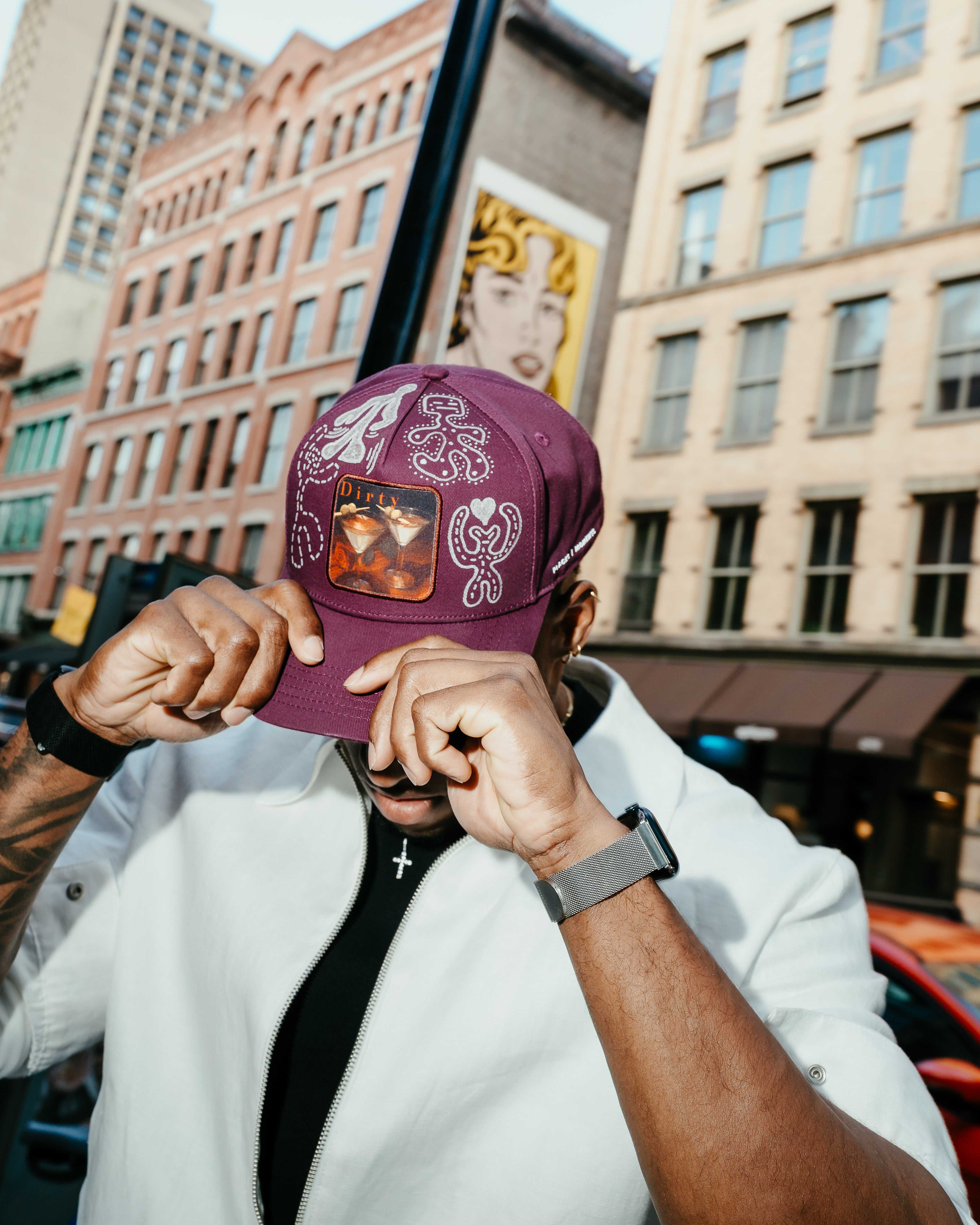 Dirty Martini x Muji limited edition Indian Creek Red baseball cap with unique hand-drawn artwork