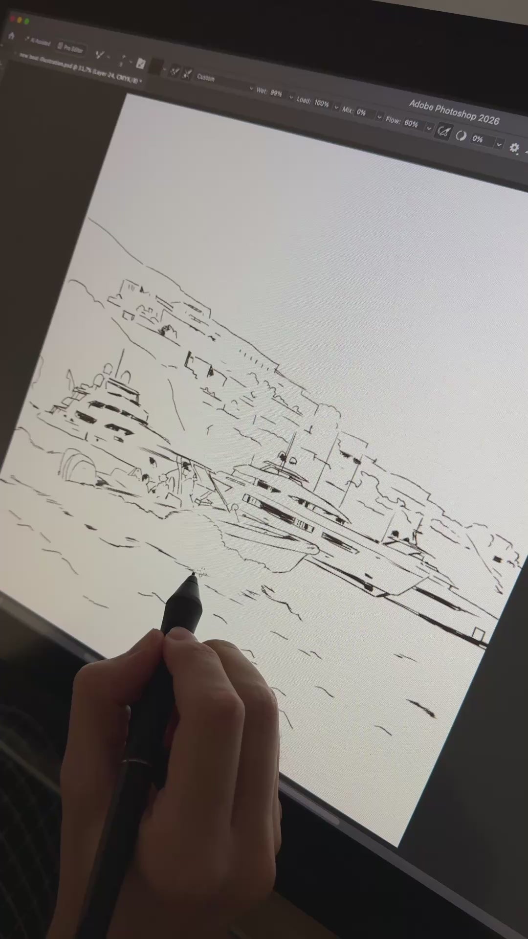 The Côte artwork being painted by hand on a tablet, from the first line drawing to the finished painting, then the Côte patch on the cream cap and the navy trucker