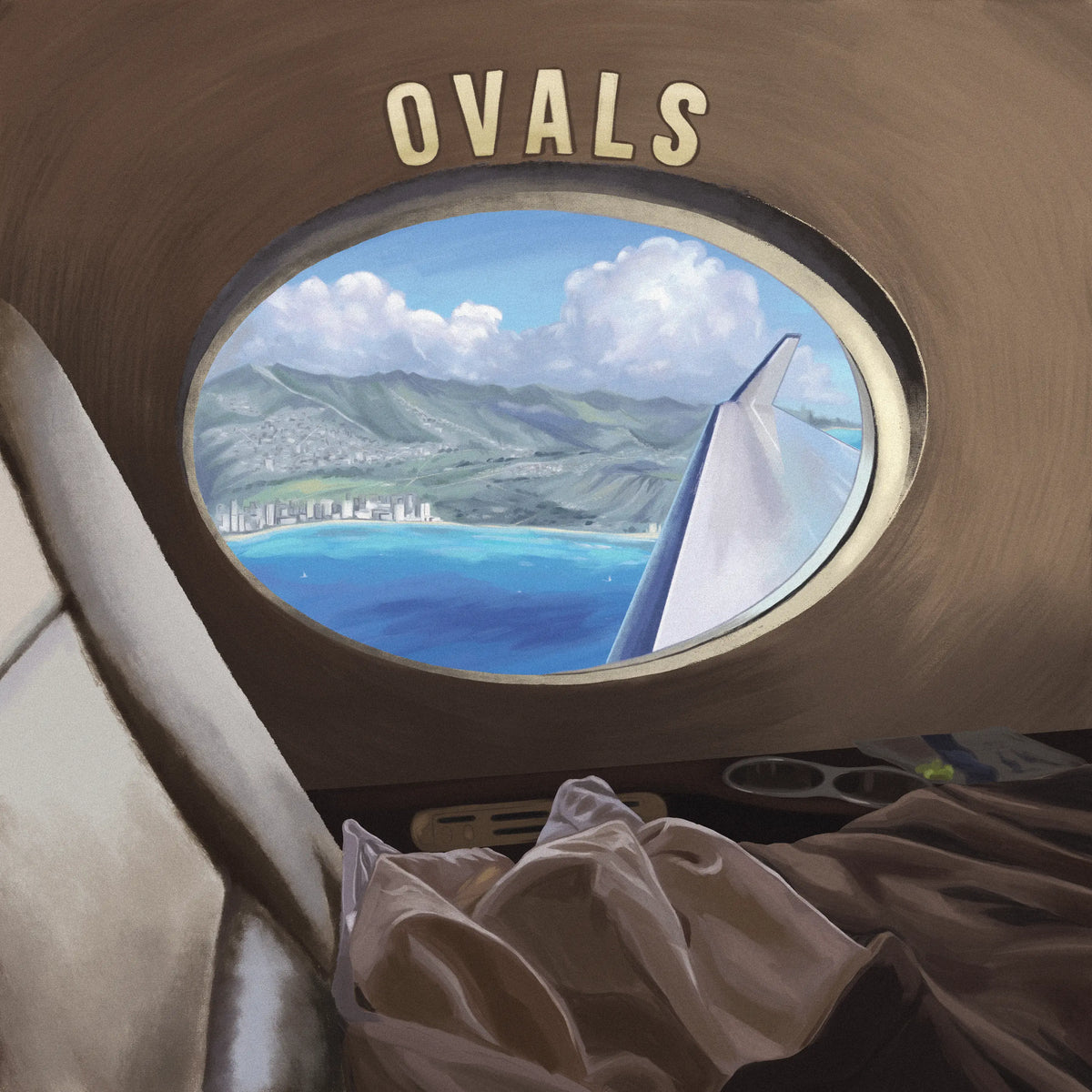 The original oil painting of the view out an oval airplane window that became this patch